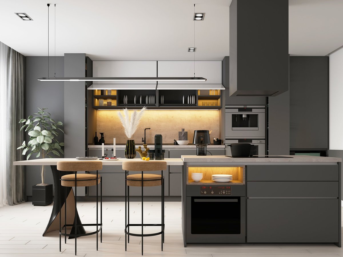 Luxury home kitchen interior with gleaming surfaces after a deep clean