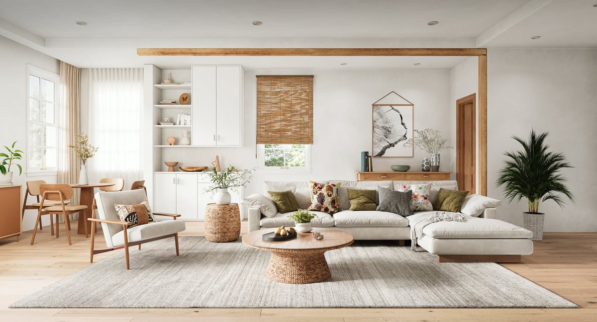 Bright modern living room freshly cleaned with natural wood furniture