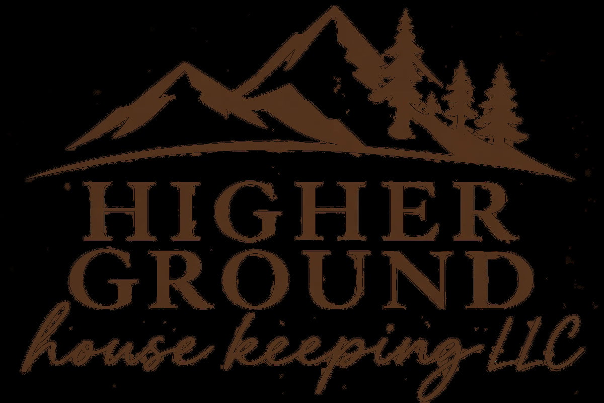 Higher Ground House Keeping LLC logo with mountain and pine trees design