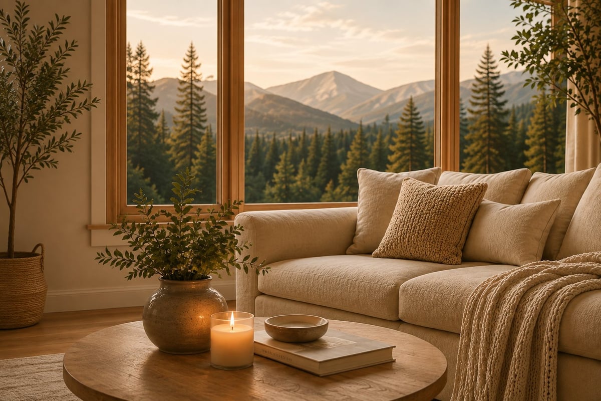 Cozy living room with beige sofa, round wooden table with candles, and large windows overlooking mountains and forest