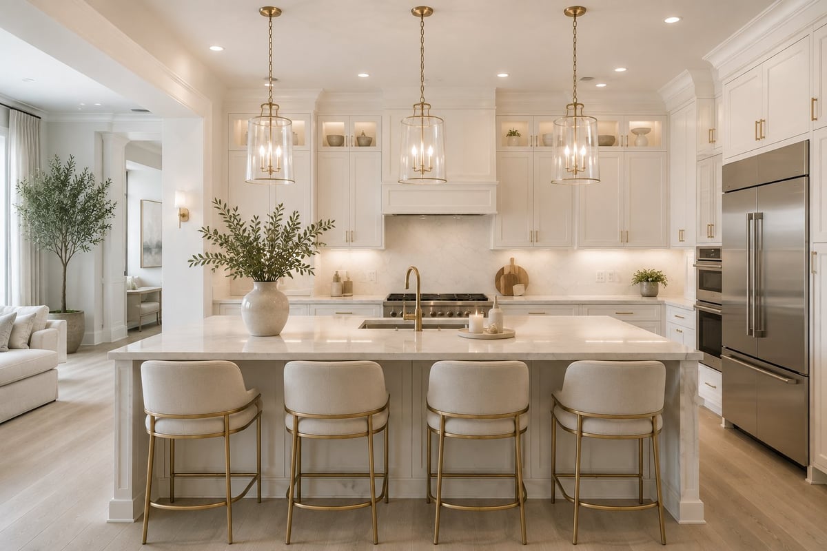 Modern white kitchen with large island, four bar stools, pendant lights, stainless steel appliances, and white cabinetry throughout