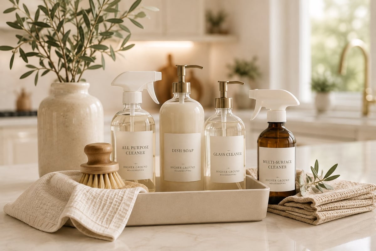 Collection of eco-friendly cleaning products in glass bottles arranged on a wooden tray with fresh flowers, brushes, and linens on a light kitchen counter